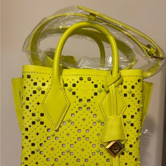 MCM Yellow Mini Bag with Geometric Perforations - Picture 1 of 10